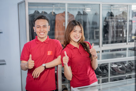 employees of leather shoes business standing together with thumb up gesture and smile faceの写真素材