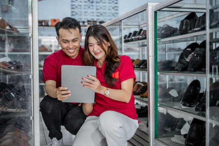 male and female leather shoes staff working together using digital tabletの写真素材