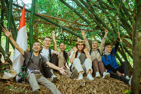 group of hikers successfully finish their destination journey activity