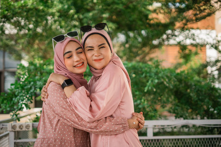 Two joyful sisters embracing in a picturesque park, showcasing their strong bond of friendship