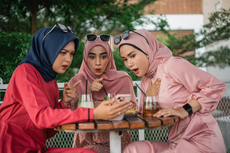 Three women share a delightful moment of surprise while watching a video together