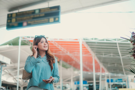 A young woman is having a delightful time at the bustling airport, happily holding her smartphoneの写真素材