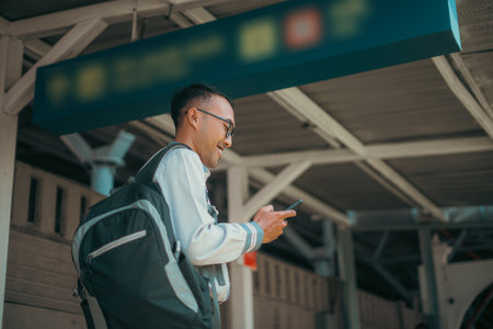 A young man is intently checking his phone while patiently waiting at the busy train stationの写真素材