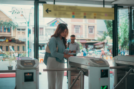 A stylish woman confidently enters a busy transit station for her daily urban commute