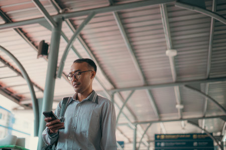 A casual man is actively engaged with his smartphone while waiting in a busy transport hubの写真素材