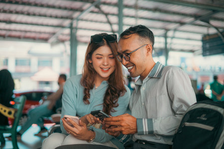 Two friends joyfully sharing smiles and smartphone moments together at a bustling stationの写真素材