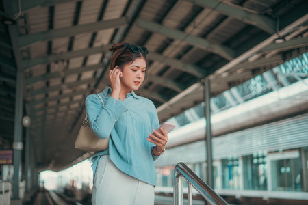 A woman is standing at a bustling train station, intently looking at her phone while waiting for her trains arrivalの写真素材