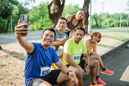 male athlete holding phone for taking photo with other athlete