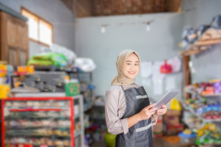 A female shop owner confidently standing with a tablet in her busy grocery store sectionの写真素材