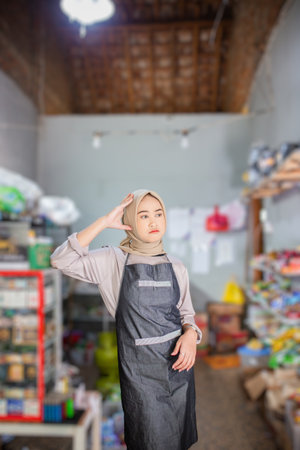 The shopkeeper stands confidently in a vibrant market, surrounded by lively ambiance and goodsの写真素材