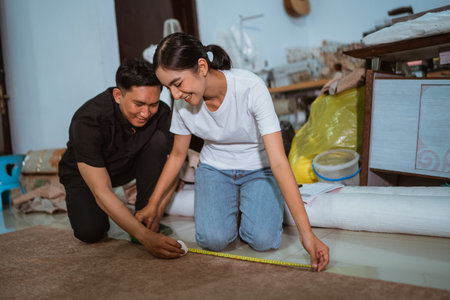 couple of happy asian production crew marking the fabric together using the measuring tape and...