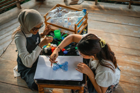 women painting on plastic bottle caps, recycle conceptの写真素材