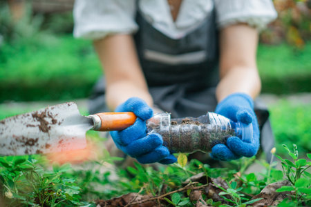 crop view of recycle plastic bottle for planting in the garden, selective focusの写真素材