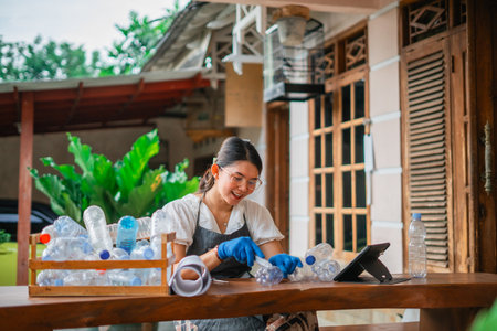 creative asian woman wearing apron recycling plastic bottle into handmade craftの写真素材