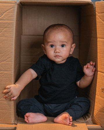 A cute baby is joyfully exploring a cardboard box, showing curiosity and delightの写真素材