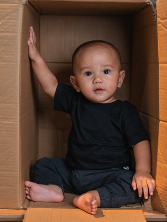An adorable baby in a cardboard box, eagerly exploring their surroundings with curiosityの写真素材