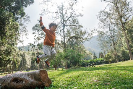 A cheerful child joyfully leaps over a sturdy log in a beautifully vibrant natural settingの写真素材