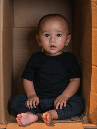 A wonderfully cute toddler is happily exploring the world from inside a cardboard boxの写真素材