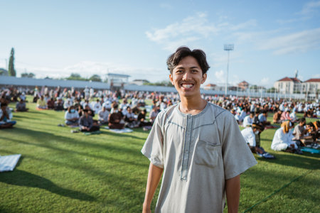 A lively young man stands happily in a vibrant crowd at a festive outdoor celebrationの写真素材