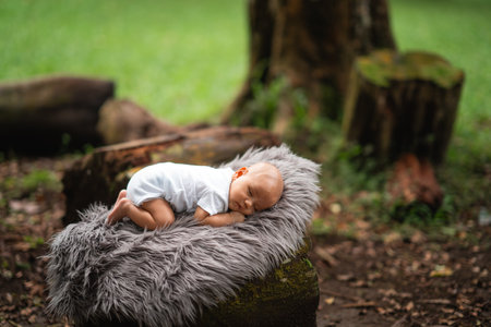 A serene and adorable baby peacefully sleeping on a cozy and fluffy fur rug outdoors in natureの写真素材