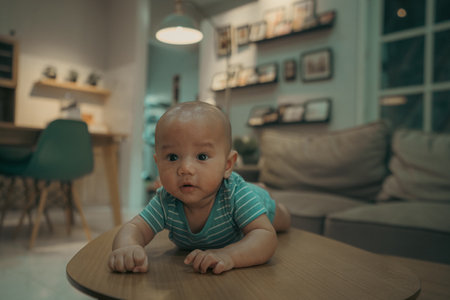 A happy baby explores a cozy, inviting table in a home filled with joy and comfortの写真素材