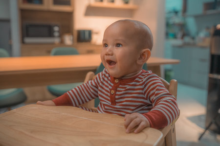 A cute baby happily enjoys mealtime at home in a high chair, radiating joy and delightの写真素材