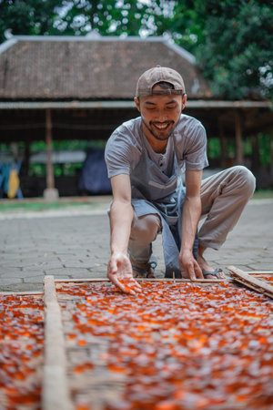 A man arranges colorful fruits on a drying rack outdoors, enjoying the sunny summer dayの写真素材