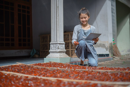 A cheerful young girl is happily gathering various dried fruits in a sunny outdoor areaの写真素材