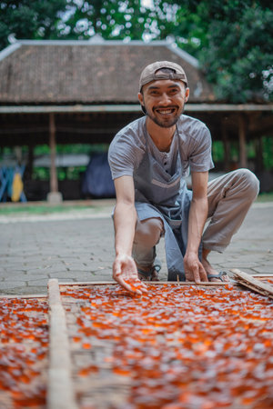 A skilled man harvests vibrant dried fruits in a beautiful outdoor setting, bathed in sunlightの写真素材