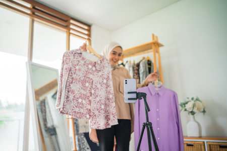 A woman elegantly showcasing stylish clothes while engaging with her audience on the phoneの写真素材