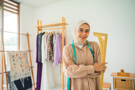 beautiful Muslim fashion designer woman standing with folded hands in a workshop