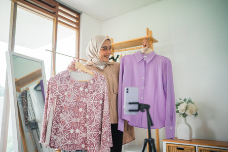 Asian woman in a hijab makes a live video while holding a shirtの写真素材