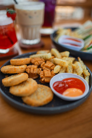 fast food. nuggets, sausages and fries served with ketchup on a table in a cafeの写真素材