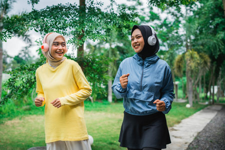 two asian muslim girls enjoy jogging together while chatting in the morning in parkの写真素材