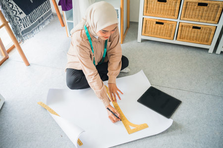 female Muslim fashion designer measuring with a ruler while sitting on the floor in a workshopの写真素材