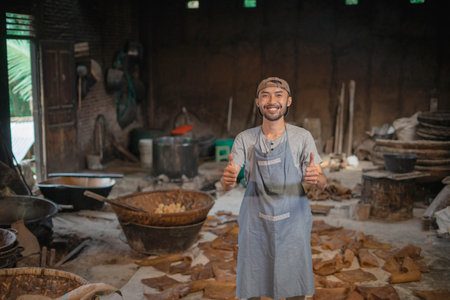 A passionate chef showcases his culinary skills in a charming, warm rustic kitchenの写真素材
