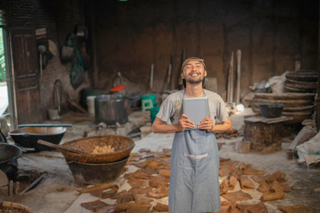 A dedicated and talented artisan proudly showcases their unique skills in a rustic workshopの写真素材