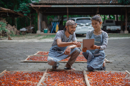 Two young individuals analyze and discuss fresh produce outdoors, fostering collaborationの写真素材