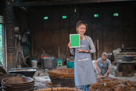 An artisan showcases a beautifully crafted handmade product in a rustic workshopの写真素材