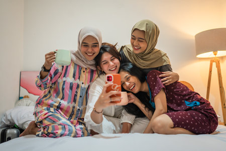 A joyful gathering of friends sharing laughter and making memories at home, creating cozinessの写真素材