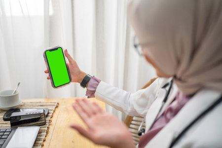 A healthcare professional conducting a virtual consultation with a green screen.の写真素材