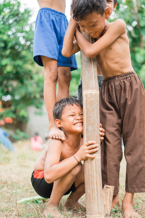 a child squats on a friends step as a fulcrum during cooperation in a betel nut climbing competitionの写真素材