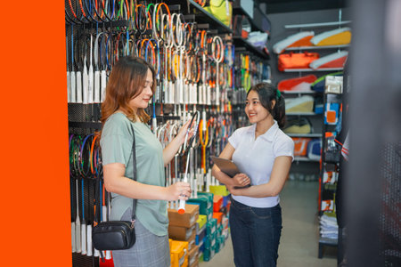 female customer choosing badminton racket with accompany from saleswomanの写真素材