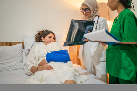 A nurse is professionally discussing the Xray results with a patient who is in a hospital bedの写真素材