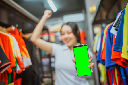 female worker holding mockup phone with fist pump gesture for celebrationの写真素材