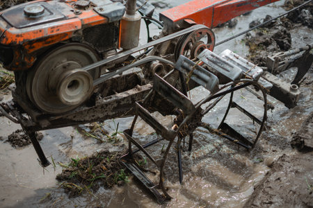 The robust machinery is effectively operating in a challenging and muddy farmland environmentの写真素材