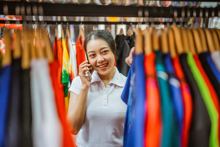 sportswear store saleswoman using phone for calling someoneの写真素材