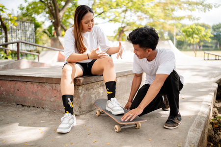 Friends practice skateboarding skills at the park, enjoying quality time and improving togetherの写真素材