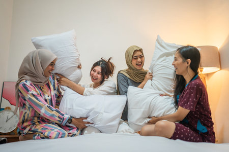 A lively and joyful pillow fight beautifully captures the essence of true friendship and happiness