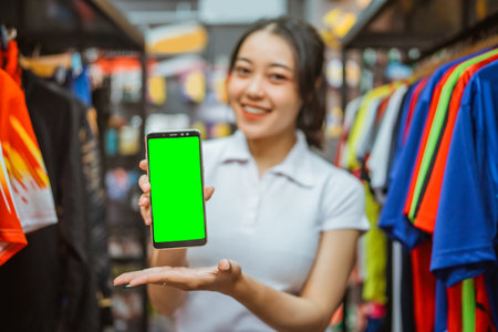 asian female worker holding mockup screen phone, selective focus pictureの写真素材